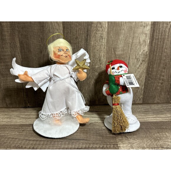 Annalee Angel Holding Star 7.5” And Snowman With Broom 5” Festive Snowman HTF - Picture 2 of 7